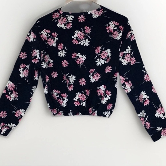 Charisma Womens Navy Blue w White & Pink Flowers Floral Long Sleeve Crop Top S - Picture 2 of 6
